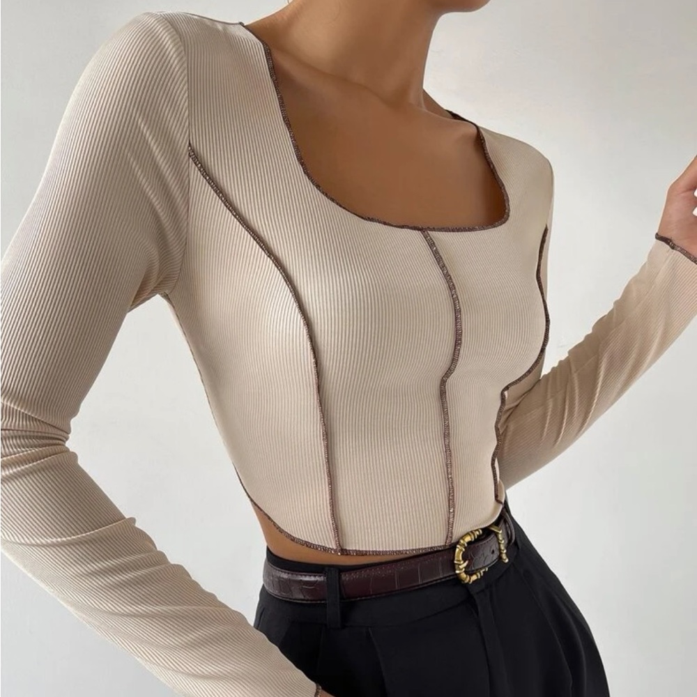 Shein Square Neck Topstitching Crop Tee